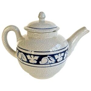 Potting Shed Dedham Rabbit Teapot Crackle Glaze Hand Painted Blue Made in USA